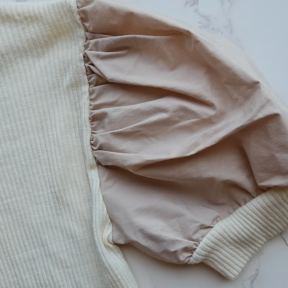 Zara Cream Ribbed Puff Sleeve Blouse S